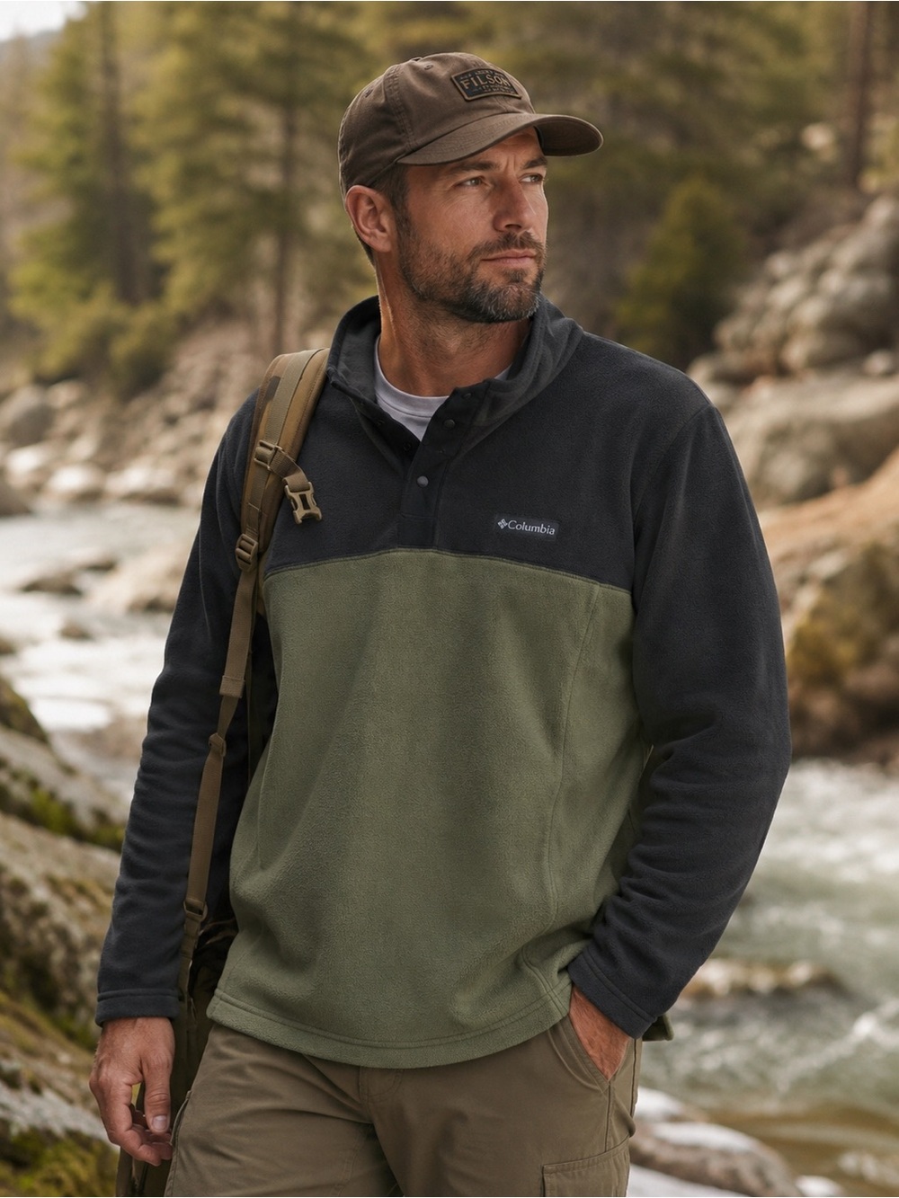 Columbia Men's Two-Tone Olive Green and Dark Gray Fleece Pullover L NEW